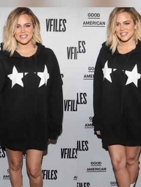 Good American Black Hoodie Dress ASO Khloe Kardashian Silver Star & Stripes 0/0